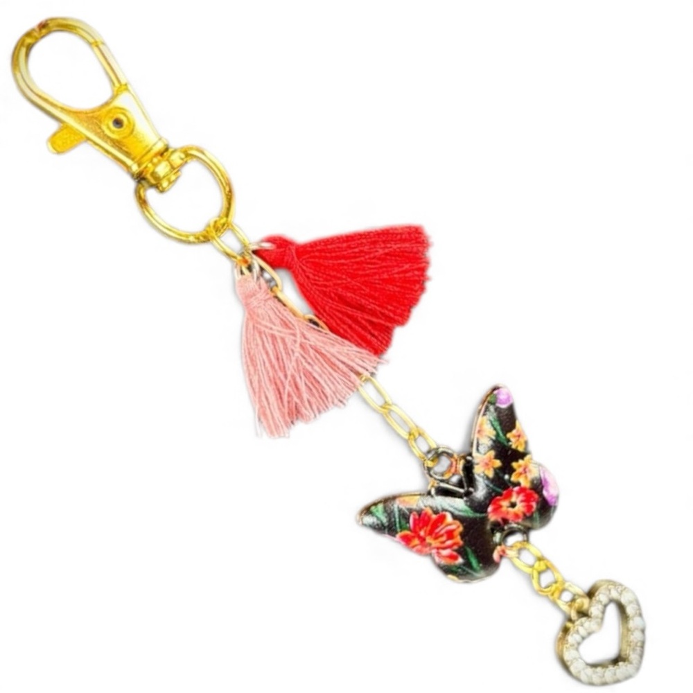 Colorful Red/Pink Tone Butterfly & Heart Bag Charm / Keychain Hand Crafted